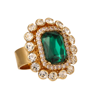 Green rectangular ring with crystals adjustable