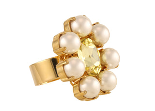 Daisy inspired ring with oversize pearls and yellow centerpiece adjustable - Anton Heunis