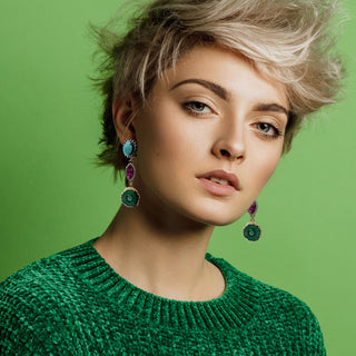 Triple tier earrings fuchsia turquoise and green - Anton Heunis