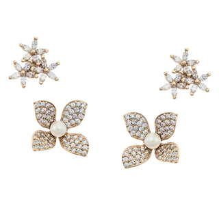 Gold plated flower set earrings with pavé and pearl details - Anton Heunis