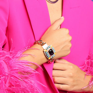 Chunky gold bracelet with vintage brooch purple centerpiece - Anton Heunis