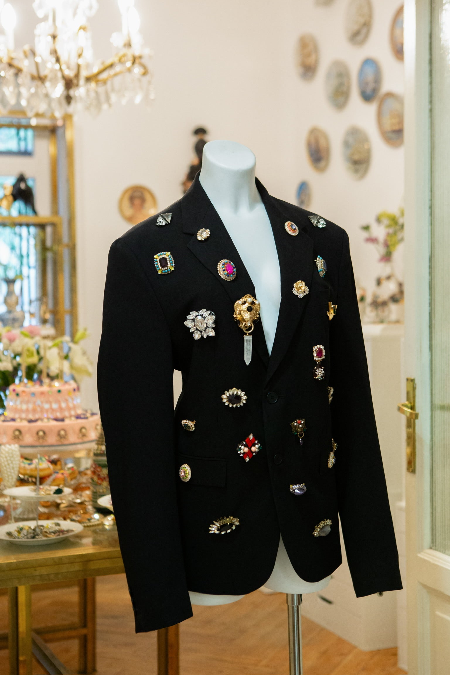 Anton Heunis statement black blazer with vintage brooches