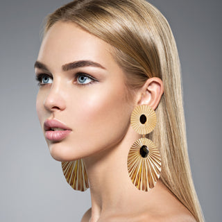 Gold statement earrings oversize discs with black crystals - Anton Heunis