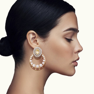 Gold hoop earrings with yellow brooch and pearls vintage inspired statement jewelry - Anton Heunis