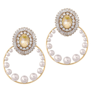 Gold hoop earrings with yellow brooch and pearls vintage inspired statement jewelry - Anton Heunis
