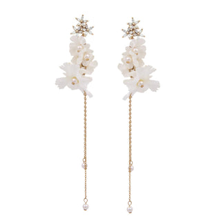 Silk flower earrings with long gold delicate chain and pearls - Anton Heunis