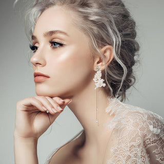 Silk flower earrings with long gold delicate chain and pearls - Anton Heunis