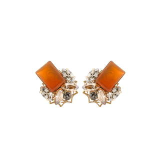 Statement earrings with rectangular orange carnelian cabochon stones and clusters of clear marquise and oval crystals - Anton Heunis Handmade Jewelry