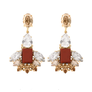 Statement drop earrings with a central rectangular carnelian cabochon stone, surrounded by marquise-shaped clear crystals and an oval champagne-colored top - Anton Heunis Handmade Jewelry