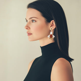 Statement drop earrings with a central rectangular carnelian cabochon stone, surrounded by marquise-shaped clear crystals and an oval champagne-colored top - Anton Heunis Handmade Jewelry