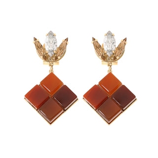 Statement earrings with crystal floral top and carnelian square drop in deep terracota tones - Anton Heunis Handmade Jewelry