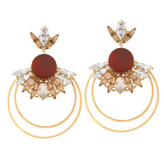 Golden hoop earrings with crystal floral top and carnelian round center piece - Anton Heunis Handmade Jewelry
