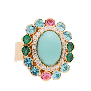 Turquoise ring with blue pink and green crystals gold plated adjustable - Anton Heunis