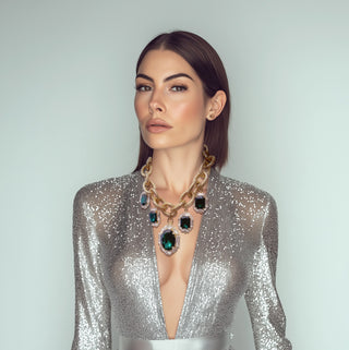 Anton Heunis - Chunky gold statement necklace with five emerald brooch pendants