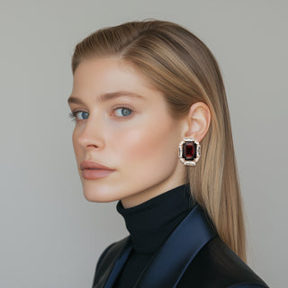 Anton Heunis - Burgundy rectangular gem earrings encased in crystals