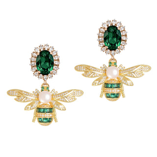 Golden bee earrings with emerald and pearl detail - Anton Heunis
