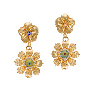 Golden metal flowers statement earrings with colorful beads - Anton Heunis