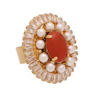 Golden tatement cocktail ring with pearls and red stone centerpiece - Anton Heunis