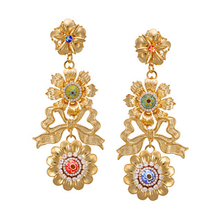 Stunning long statement golden flower earrings with colorful bead details - Anton Heunis