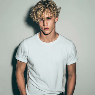 Male model wearing Dainty liquid gold earrings with crystal top - Anton Heunis