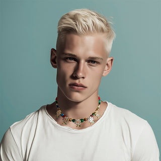 Man wearing beaded necklace with dainty crystal daisies - Anton Heunis