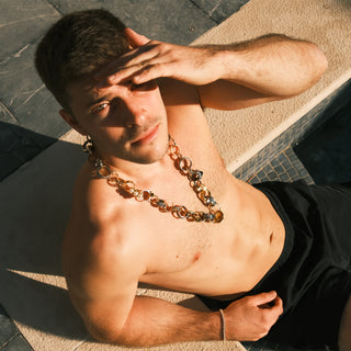 Man wearing a long ring necklace mixed metals