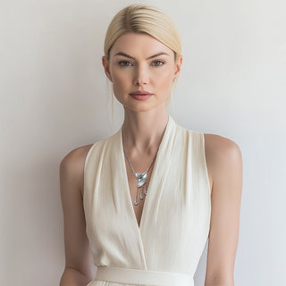 Model wearing Silver necklace with liquid metal detail and three drops - Anton Heunis