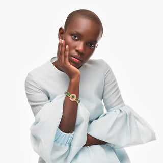 Woman wearing Malachite statement golden bracelet - Anton Heunis