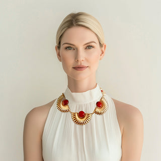 Woman wearing Red natural stone necklace gold plated - Anton Heunis