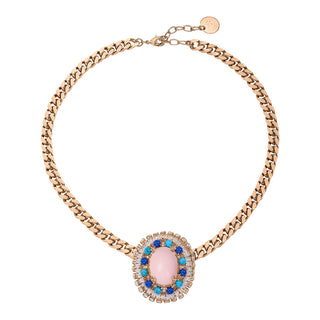 Chunky gold plated necklace with vintage colorful brooch pink and blue with crystals - Anton Heunis