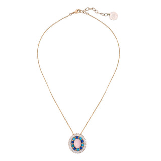 Gold plated necklace with colorful brooch pink and blue with crystals - Anton Heunis