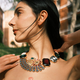 Statement unique stunining colorful necklace with gemstones and flower centerpiece detail - Anton Heunis