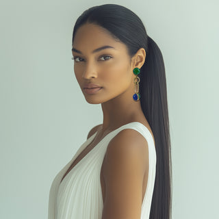 Green and blue long asymmetric earrings in gold African inspired - Anton Heunis