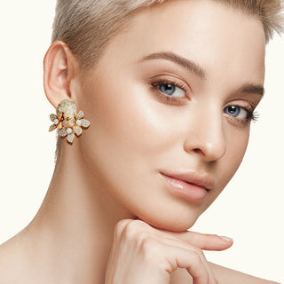 Gold plated earrings with champagne gemstone and pavé flowers with pearls - Anton Heunis