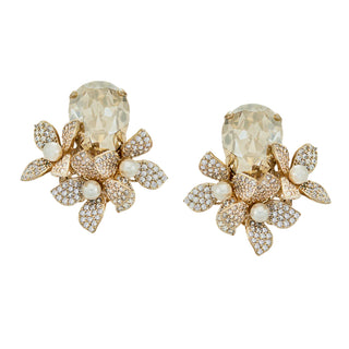 Gold plated earrings with champagne gemstone and pavé flowers with pearls - Anton Heunis