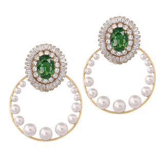 Gold hoop earrings with green brooch and pearls vintage inspired statement jewelry - Anton Heunis
